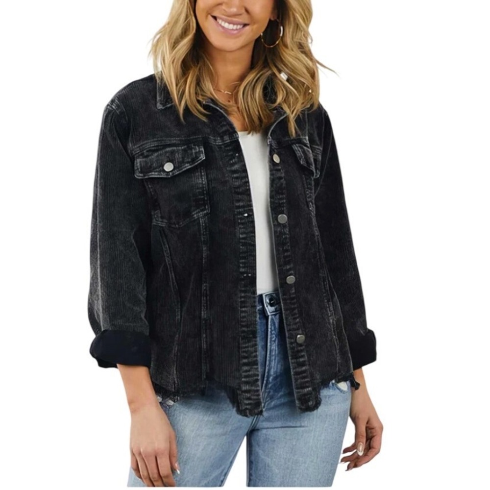 Love‎ Bug Corduroy Distressed Jacket Womens Size Medium Black Raw Hem Grunge